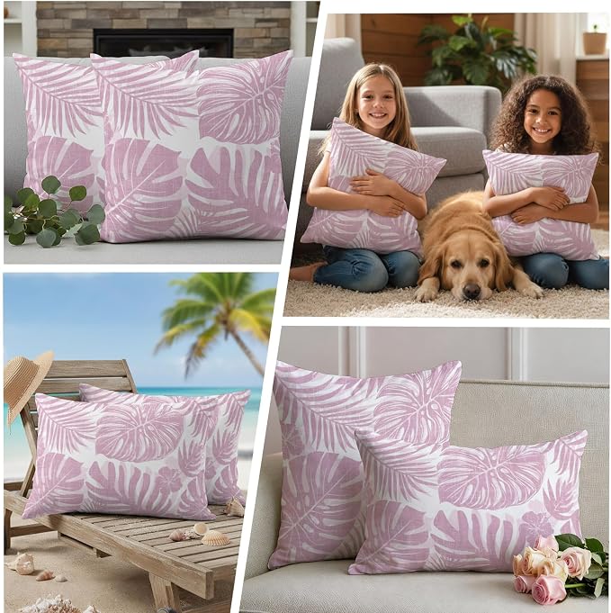 Pink Palm Leaves Outdoor Pillow Covers 18"x18" Set of 2, Tropical Botanical Minimalist Modern Waterproof Throw Pillow Covers for Patio Furniture, Decorative Cushion Covers for Porch