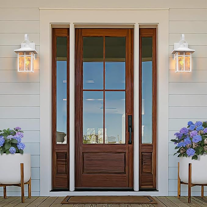 Dusk to Dawn Outdoor Wall Lights, Aluminum, White, 2 Pack | Ripple Glass, Modern Porch Lights, Exterior Sconce, For Entryway, Garage, Patio