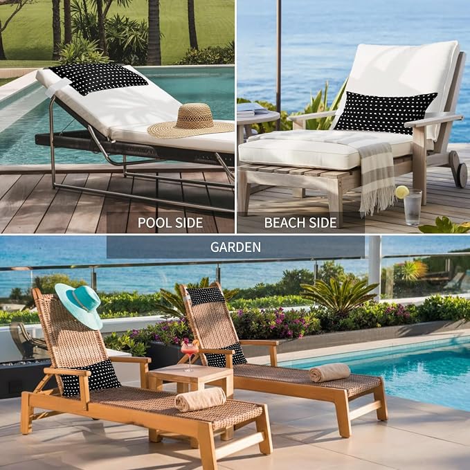 Chaise Lounge Headrest Pillow 2 Pack, Black Waterproof Chair Pillows with Insert & Adjustable Elastic Strap for Beach Pool Recliner, Abstract White Polka Dot Geometric Modern Art Outdoor Patio Pillow