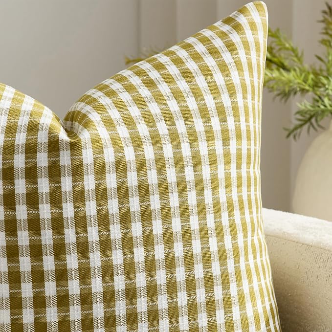 Plaid Outdoor Throw Pillow Covers 20x20 Set of 2, Waterproof Gingham Couch Pillow Cases, Farmhouse Boho Cushion Covers for Sofa Patio Summer Garden, Olive Yellow