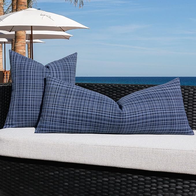 Kevin Textile Outdoor Waterproof 14"x36" Pillow Cover 1 Pack, Navy Blue | Water Resistant, Faux Linen Yarn-dyed, Woven Texture Throw Pillow Covers for Tent Patio Garden Couch Sofa