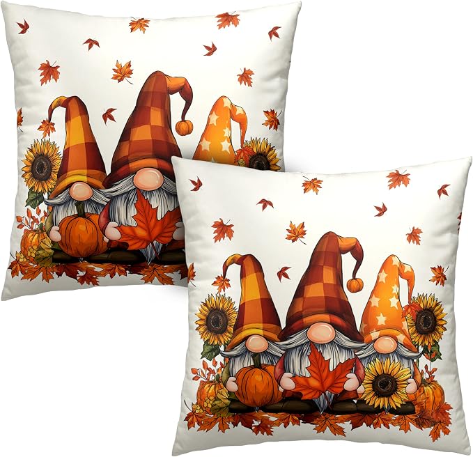 Fall Gnome Pillow Covers 16x16 Set of 2 Pumpkin Sunflower Maple Leaves Throw Pillow Covers Autumn Pillow Case Thanksgiving Cushion Case for Home Decor Couch Sofa