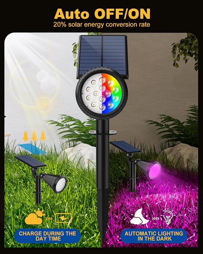 Solar Spot Lights Outdoor Color Changing, 7 Modes/14 LED Outdoor Solar Lights for Yard, Waterproof RGB Multicolor Solar Landscape Spotlights Auto On/Off for Flood, Yard, Tree, Pathway, 4 Pack