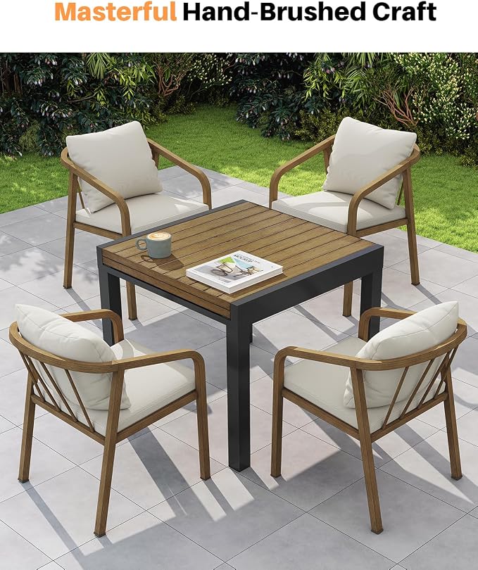 Outdoor Dining Chairs Set of 4, Never-Rust Aluminum Patio Dining Chairs with Removable Cushion, Ergonomic Patio Chairs with Wraparound Seating Design for Deck, Lawn, Commercial, Garden, Teak