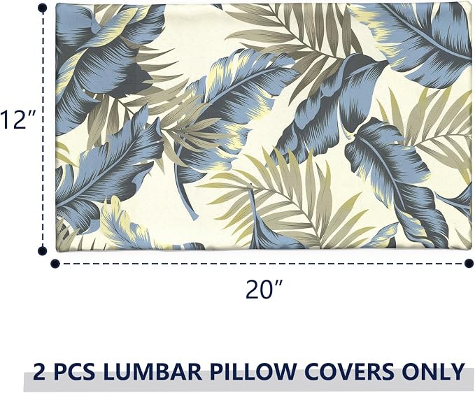 12x20 Inch Lumbae Pillow Covers, Rectangle Waterproof Throw Covers Set of 2, Decorative Patio Furniture Cushion Cases for Porch Garden, Lush Palm Blue