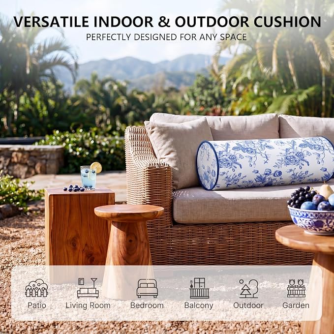 Set of 2 Blue Floral Outdoor Bolster Pillows with Inserts, 6 x 20 Inch, Blue White Chinoiserie, Water Repellent Throw Pillow Patio Neck Waist Cushion for Backyard Bed Couch Sofa Poolside