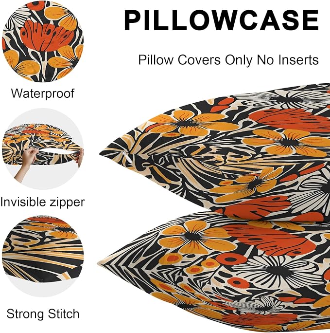 Orange Yellow Black Botanical Outdoor Pillow Covers 20x20 Inch Throw Pillow Covers Set of 2 Waterproof Decorative Pillow Cases Modernism Spring Floral Cushion Covers for Patio Furniture Garden Couch