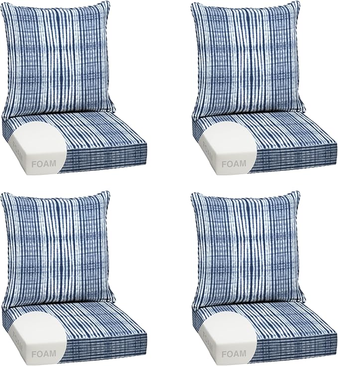 Arden Outdoor Foam Deep Seat Cushion Set, 4-Pack, 24x24, Premium High-Density Foam, Never Flattens, Weather-Proof for Patio Chair Sofa Couch, Blue Shibori Stripe | 4-Pack, Sofa, Couch, Conversation Set, Premium High-Density Foam, Never Flattens, Mold a...
