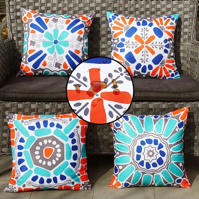 ONWAY Outdoor Waterproof Pillow Covers 18x18 Set of 4 Floral Boho Decorative Throw Cushion Cover Farmhouse Pillows for Bench Couch Patio Furniture