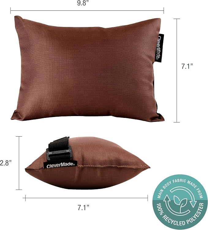 CleverMade Tamarack Pillow for Patio Furniture; Comfortable, Soft Outdoor Pillow with Adjustable Strap to Fit Most Wooden Folding Chairs, 2 Pack, Mocha