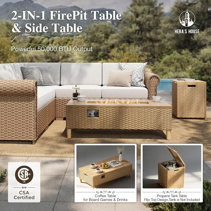 HERA'S HOUSE 7 Piece Patio Furniture Set, Outdoor Sectional Wicker Sofa with Fire Pit Table, 5.5" Thick Waterproof Cushion All Weather 5 Seats Modular Conversation Set for Garden Deck Backyard