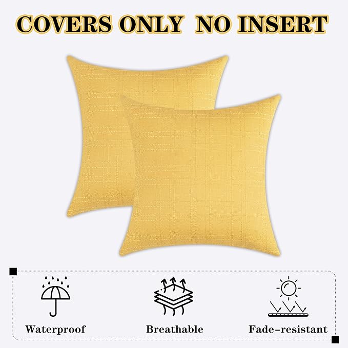 Kevin Textile Outdoor Waterproof 20”x20” Pillow Covers 2 Pack, Yellow | Water Resistant, Soft Faux Linen-cotton Yarn-dyed Woven Texture Throw Pillow Covers for Tent Patio Garden Couch Sofa