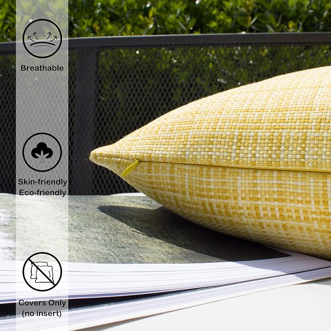 Kevin Textile Outdoor Waterproof 22x22 Inch Pillow Covers 2 Pack, Yellow | Water Resistant, Faux Linen Yarn-dyed, Woven Texture Throw Pillow Covers for Tent Patio Garden Couch Sofa