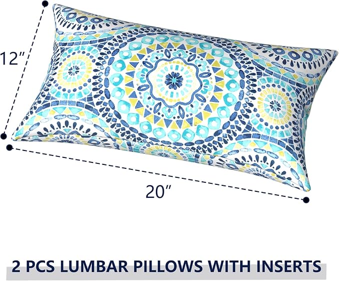 Outdoor Lumbar Pillows 12x20 inch, Rectangle Throw Pillows with Inserts, Decorative Lumbar Cushions for Patio Furniture Garden Couch Home Sofa Office Chair, Pack of 2, Delancey Lagoon