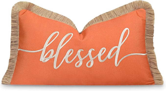 Hofdeco Premium Fall Coastal Patio Indoor Outdoor Lumbar Pillow Cover Only, 12"x20" Water Repellent for Backyard, Couch, Rust Orange Embroidered Blessed with Fringed Trim