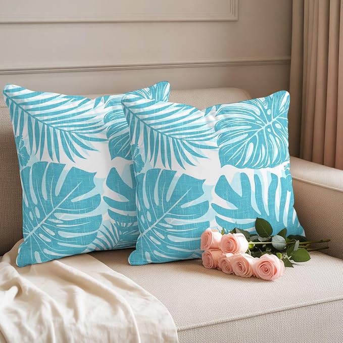 Aqua Blue Palm Leaves Outdoor Pillow Covers 18"x18" Set of 2, Tropical Botanical Minimalist Modern Waterproof Throw Pillow Covers for Patio Furniture, Decorative Cushion Covers for Porch