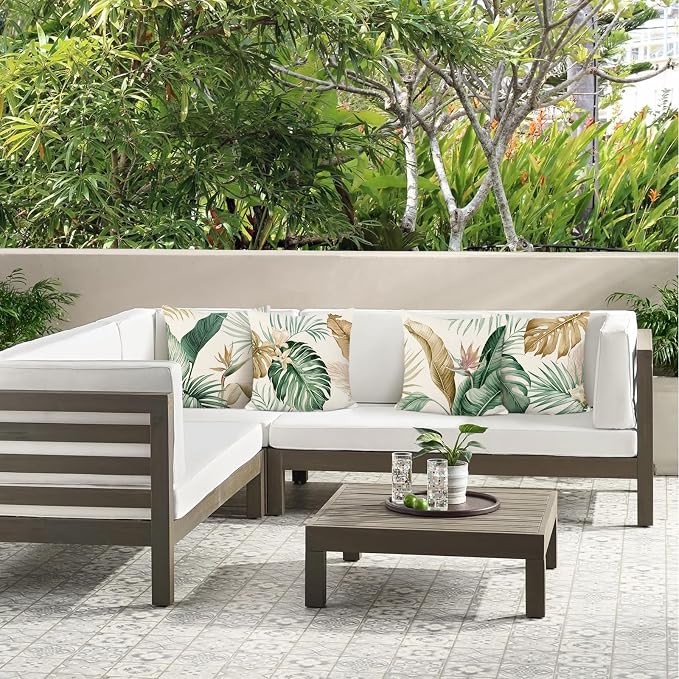 Bonhause Tropical Leaves Throw Pillow Covers 16 x 16 Inch Green Brown Leaf Decorative Pillow Cases Polyester Linen Outdoor Cushion Covers for Sofa Bed Home Decor Set of 4