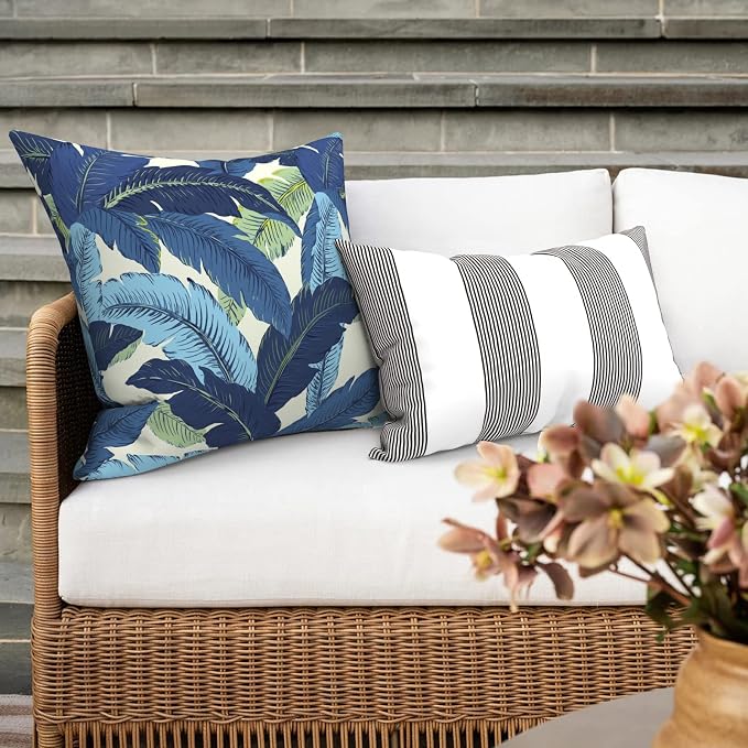 Outdoor 16x16 Inch Throw Pillow Covers Set of 2, All Weather Square Pillow Cases, Covers ONLY, Patio Cushion Pillow of Home Furniture Use, Swaying Palms Blue