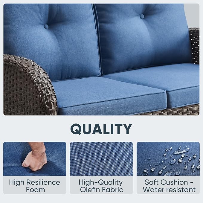 Belord 5 Piece Outdoor Conversation Patio Furniture Set - All-Weather Wicker Patio Rocking Chairs with Loveseat Glider Chair and Coffee Table for Patio Deck Porch Backyard Blue Cushion