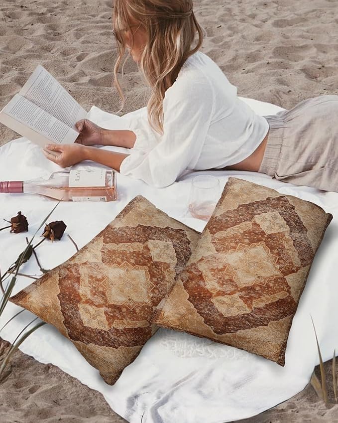 Prime Leader Outdoor Waterproof Pillow Covers Set of 2, Meddle Century Vintage Brown Mural Pattern Patio Throw Pillow Covers, Decorative Cushion Case for Couch Sofa Furniture Garden, 20x12 Inch