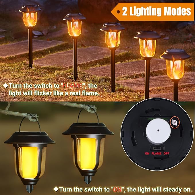 Dynaming Dual Use Solar Flame Lights Outdoor 6 Pack, Solar Flickering Flame Pathway Lights, Hanging Lantern Light, Auto On/Off & Waterproof for Garden Lawn Patio Yard Walkway Deck Driveway
