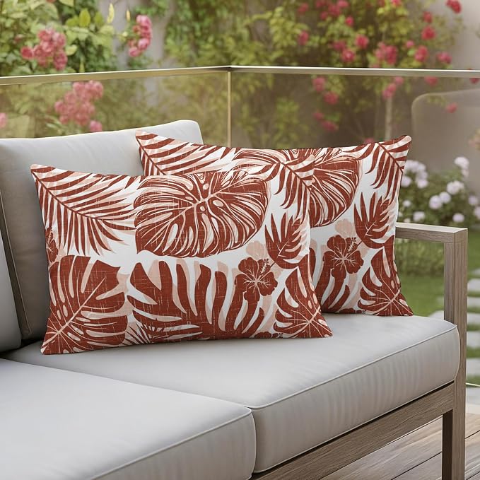 Copper Palm Leaves Outdoor Pillow Covers 20"x12" Set of 2, Tropical Botanical Minimalist Modern Waterproof Throw Pillow Covers for Patio Furniture, Decorative Cushion Covers for Porch