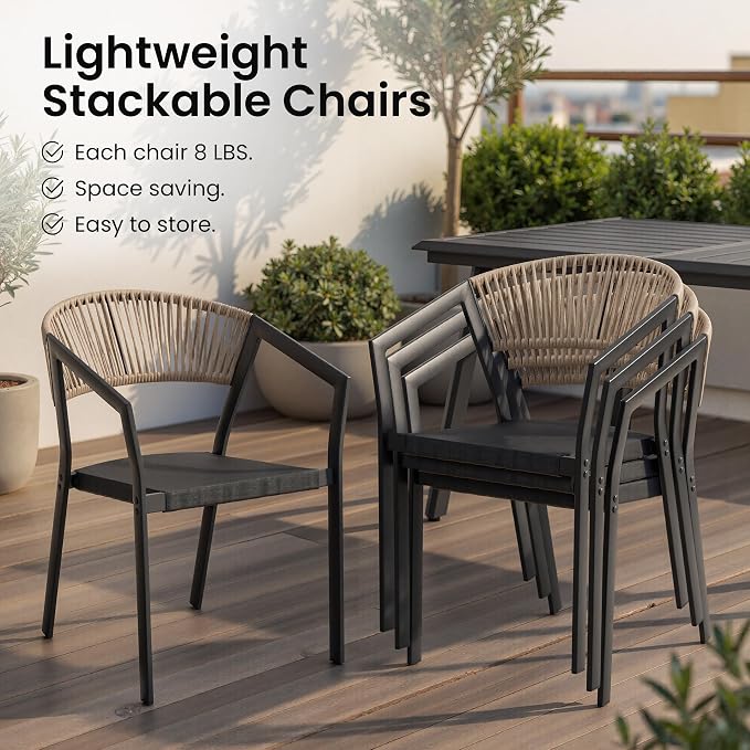 Outdoor Dining Chairs Set of 2 Aluminum Stackable Patio Chairs | Wicker Barrel Backrest Armchairs for Patio, Deck, Backyard, Brown