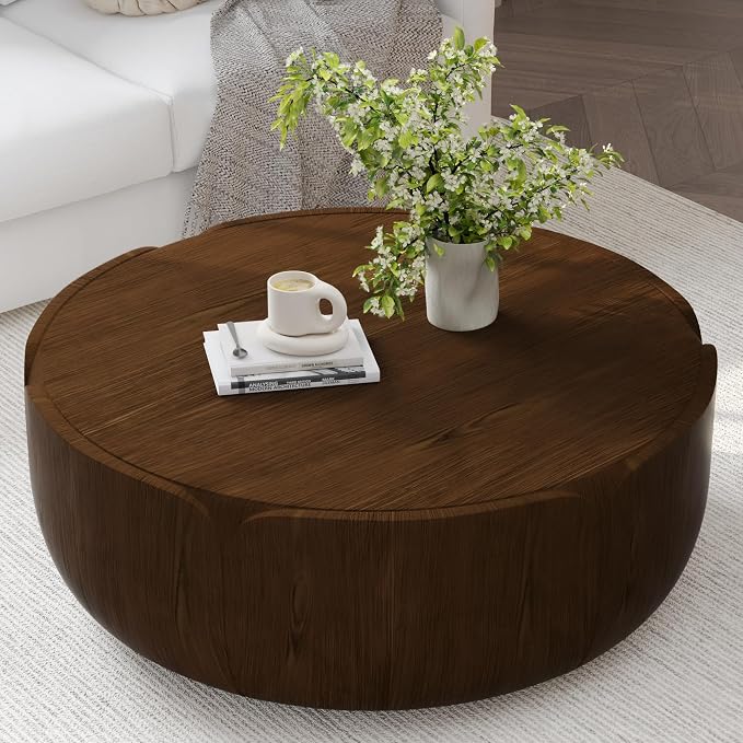 36" Round Outdoor Coffee Table Brown Waterproof Sturdy MGO Wood Texture Grain Drum Center Table for Patio Garden Backyard Living Room, No-Assembly
