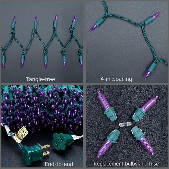 YULETIME 200 Purple LED Christmas Lights, 66 ft Green Wire UL String Light | Stay Lit, End-to-End Connectable, UL Certified, Commercial Grade, 1-Strand 200 Lights, 4" Spacing