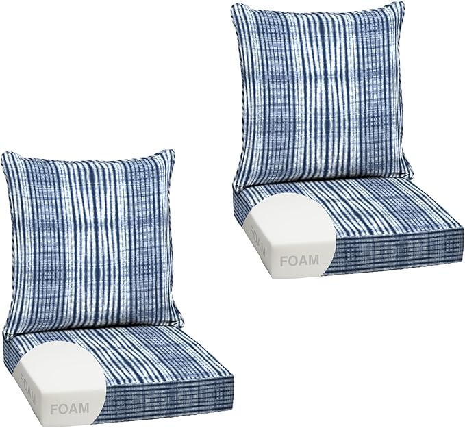 Arden Outdoor Foam Deep Seat Cushion Set, 2-Pack, 24x24, Premium High-Density Foam, Never Flattens, Weather-Proof for Patio Chair Sofa Couch, Blue Shibori Stripe | 2-Pack, Sofa, Couch, Conversation Set, Premium High-Density Foam, Never Flattens, Mold a...