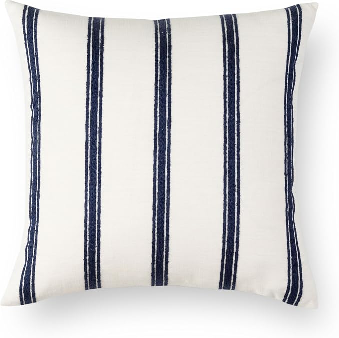 Coastal Linen Indoor Outdoor Throw Pillow Cover Only, 22"x22" Water Repellent for Patio, Backyard, Couch, Neutral Dark Navy Embroidered Stripes