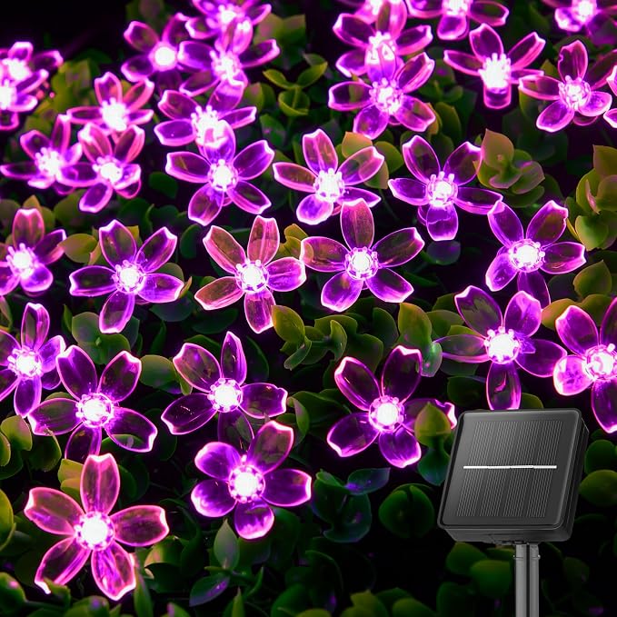 Brightown 60 LED Solar String Lights Flower Outdoor Waterproof Fairy Lights for Garden Yard Fence Patio Christmas Tree Wedding Party Decor, Pink