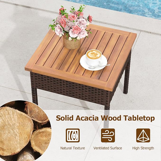 HAPPYGRILL 3 Piece Patio Conversation Set, Outdoor Wicker Furniture Set with Acacia Wood Coffee Table, 2 Rattan Chairs & Cushions, Patio Bistro Set for Porch, Garden, Backyard, Poolside