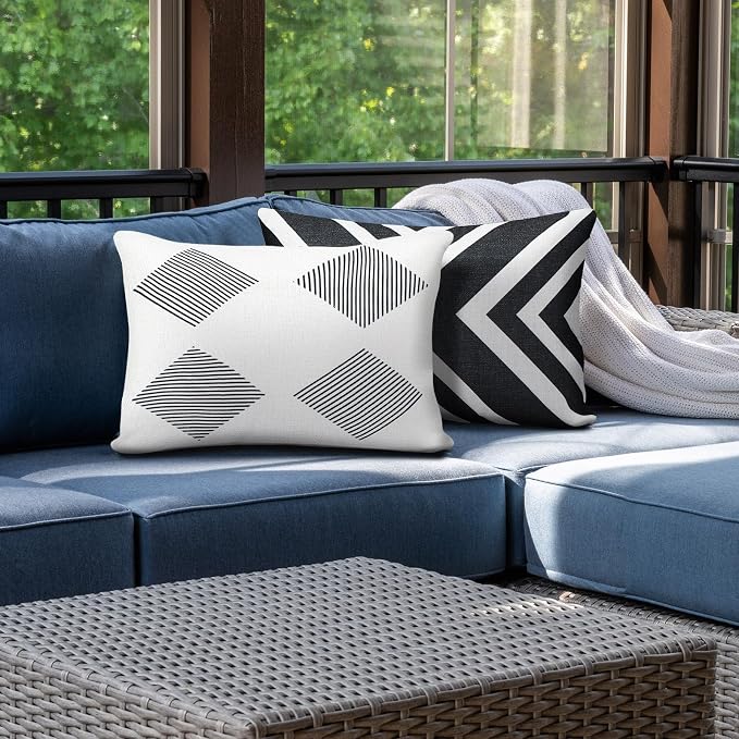 Juexica 4 Pcs Black & White Chaise Lounge Headrest Pillow, 16 x 11'', Stripe Decorative Outdoor Patio Neck Headrest Pillow, Adjustable Elastic Strap, Waterproof for Pool Recliner Hammock Beach Chair