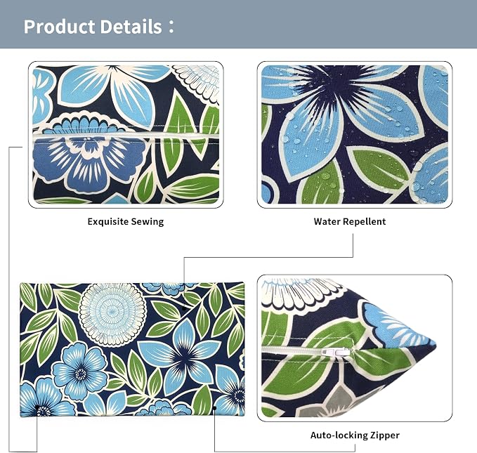 12x20 Inch Lumbae Pillow Covers, Rectangle Waterproof Throw Covers Set of 2, Decorative Patio Furniture Cushion Cases for Porch Garden, Azure Botanical Symphony
