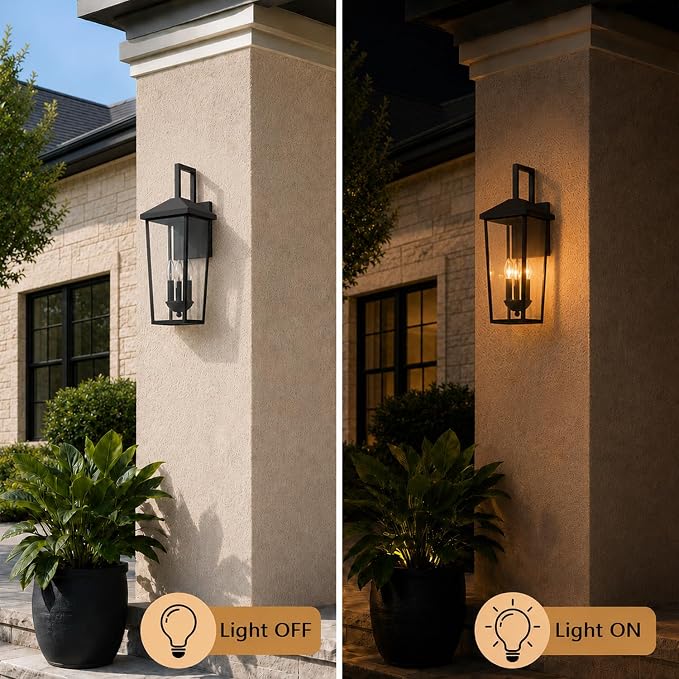Outdoor Wall Lights Exterior Porch Sconces | Black, 22.5” Patio Wall Lighting Fixtures, Clear Glass,E12,Water Proof, for House,Yard,1 Pack