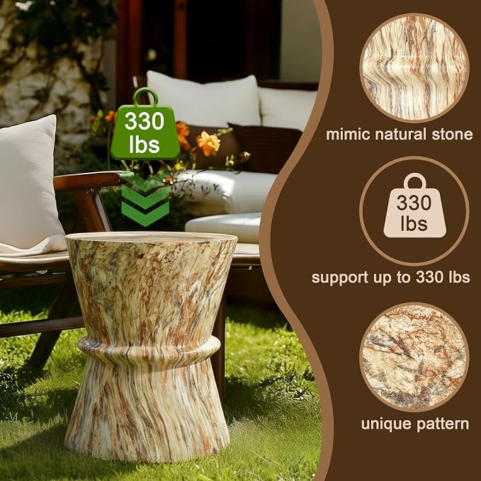 Outdoor Concrete Side Table,Contemporary Hourglass Accent Table with Faux Stone Coffee Tables for Indoor Outdoor,Garden End Table for Porch,Backyard Patio Living Room-15.55" Amber Brown MgO