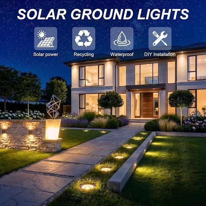OULONGER 4.6inch Solar Ground Lights 12Packs, Garden Solar Outdoor Waterproof Pathway Bright In-Ground Landscape Lights for Patio, Lawn, Yard, Driveway, Step and Walkway(Warm Light)