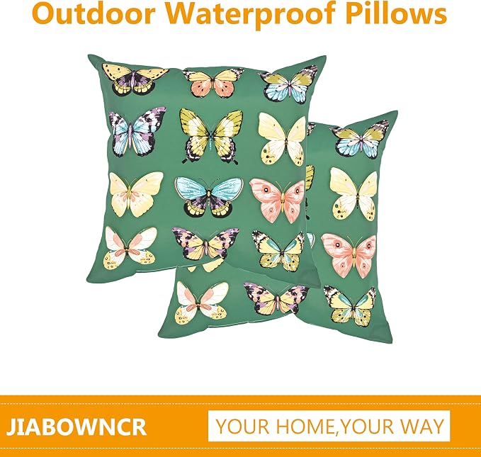 18" Outdoor Throw Pillows Set of 4, Waterproof & Fade Resistant Patio Furniture Pillows with Built-in Inserts, All-in-One Green Butterfly Print Design for Sofa, Patio or Backyard Relaxation