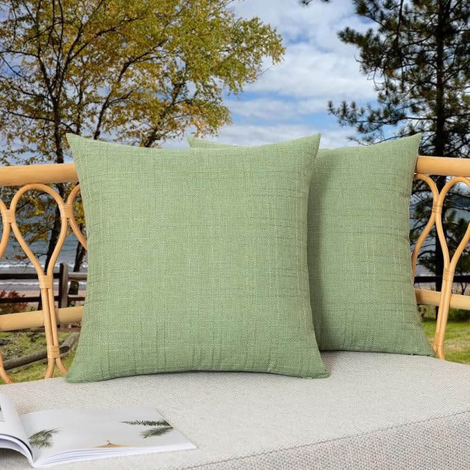 Kevin Textile Outdoor Waterproof 20”x20” Pillow Covers 2 Pack, Sage Green | Water Resistant, Soft Faux Linen-cotton Yarn-dyed Woven Texture Throw Pillow Covers for Tent Patio Garden Couch Sofa