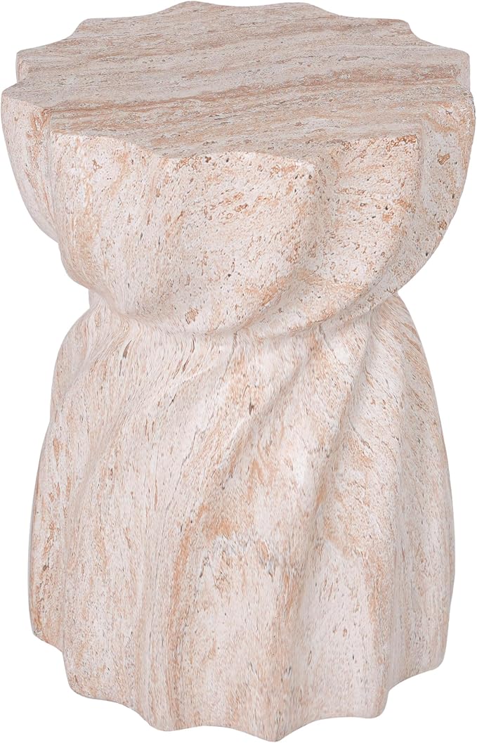 Merax 19.29" H Modern Outdoor Concrete Side Table, Patio End Table with Sculptural Fluted Design, Weather-Resistant Hourglass Shape Accent Table for Garden, Balcony & Poolside, Beige Marble