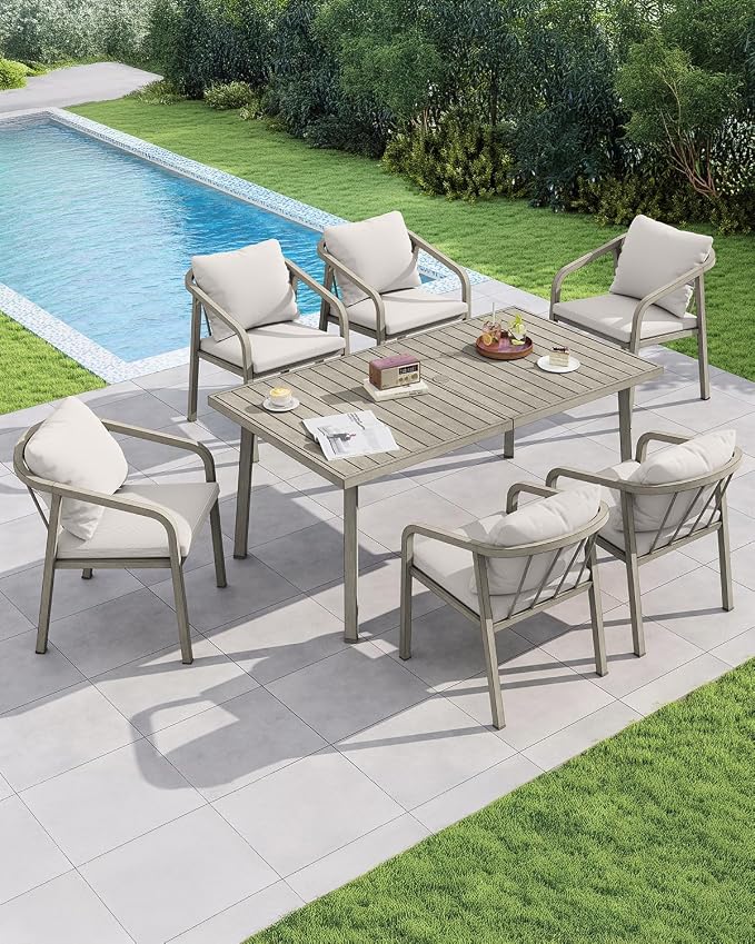 Never-Rust Aluminum Outdoor Dining Chairs Set of 2, Patio Dining Chairs with Ultra-Thick Cushion, Outdoor Patio Chairs with Wraparound Backrest and Armrest for Poolside, Porch, Deck, Gray Oak