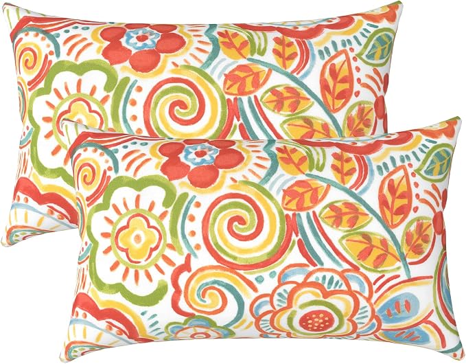 LVTXIII Outdoor/Indoor Lumbar Pillow Covers ONLY, 12” x 20” Fade-Resistant Patio Lumbar Cushion Cases Decorative Throw Pillowcase Shell for Couch Patio Garden Furniture Use - Flower Multi