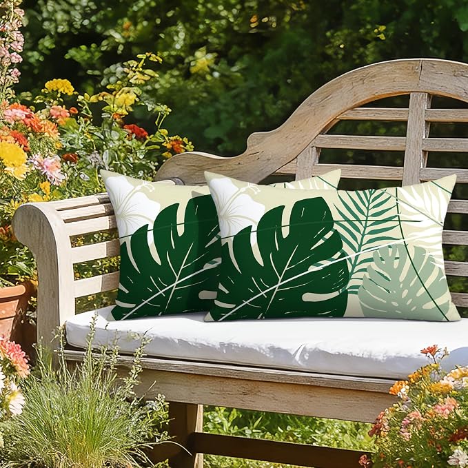 OTOSTAR Outdoor Waterproof Throw Pillow Covers 12x20 Inch Set of 2 Double-Sided Green Tropical Leaf and Flower Spring Summer Decorative Pillow Cases for Patio Funiture Garden Balcony Couch