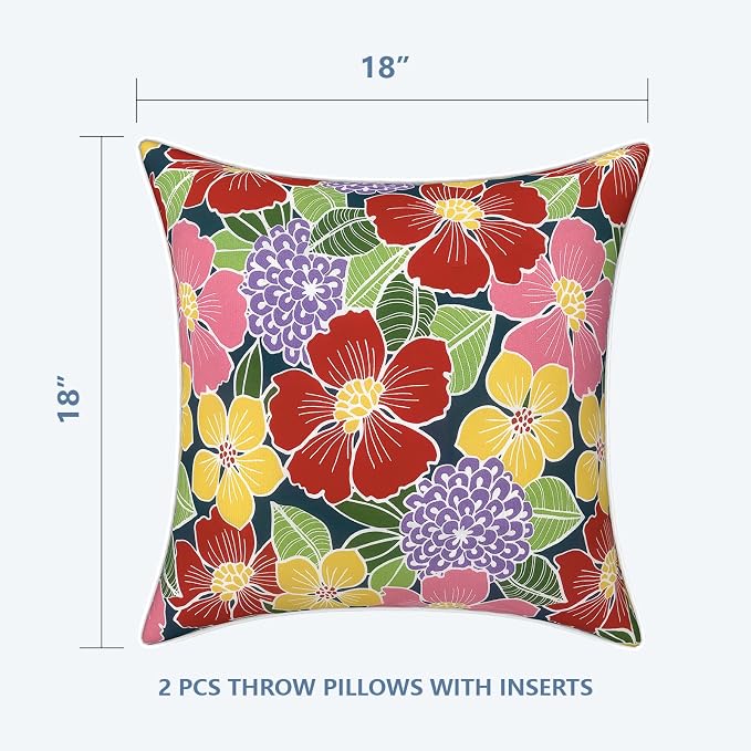 LVTXIII Outdoor Throw Pillows 18x18 Patio Waterproof Square Pillows with Piping Fade Resistant Accent Pillow for Spring Summer Garden Decoration, Set of 2, Flower Bloom