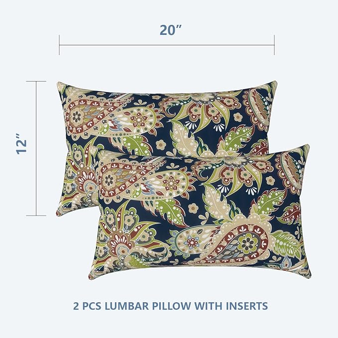 LVTLVTXIII 12×20 Inch Outdoor Lumbar Pillows, Pack of 2 Water Repellent Lumbar Pillow with Inserts, Fluffy Decorative Garden Lumbar Cushions for Home Patio Coach Sofa Use, Paisley Sapphire Blue