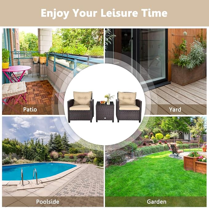 ARLIME 3 Piece Outdoor Patio Furniture Set, All-Weather PE Rattan Wicker Sofa Set w/Removable & Washable Cushion, Modern Conversation Sofa for Garden, Balcony, Swimming Pool, Patio (Beige)