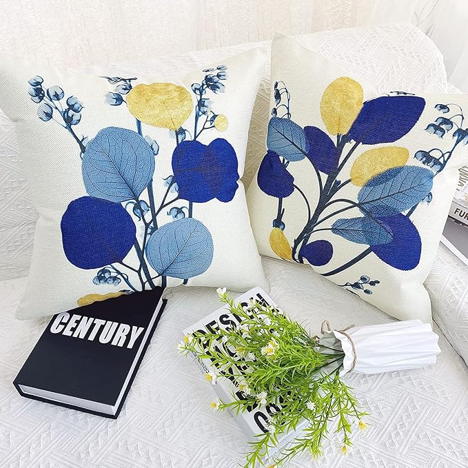 Outdoor Pillow Covers Navy Blue Leaves Waterproof Throw Pillows Case 18x18 inch Set of 4 Garden Patio Furniture for Home Sofa Decorative