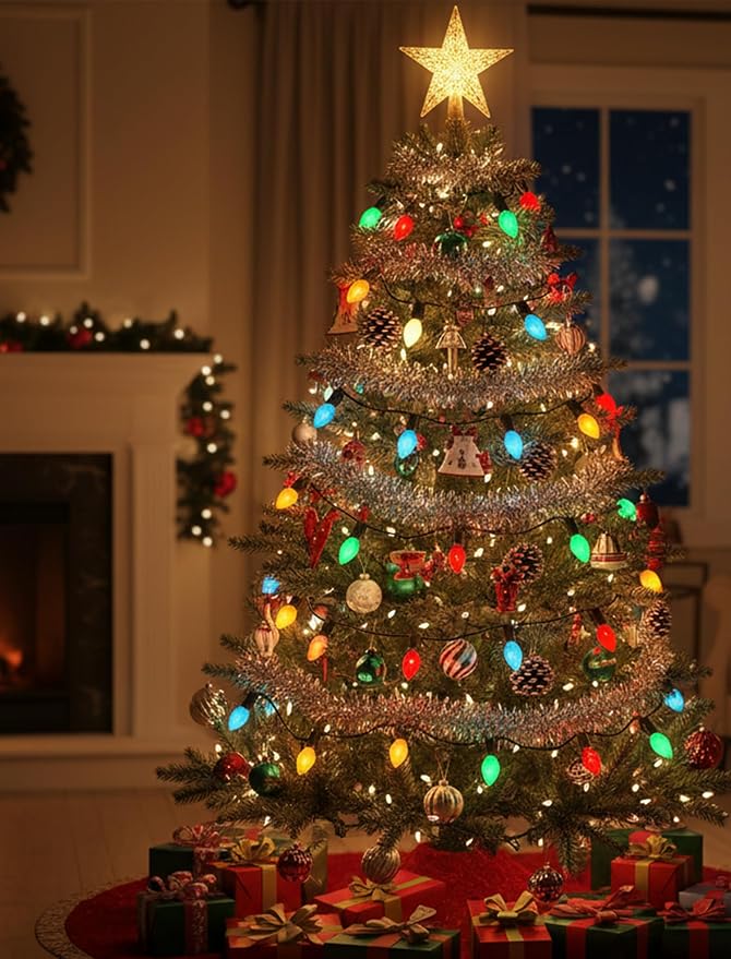 C7 LED Multicolor Christmas Lights, 26Ft Vintage Outdoor Christmas String Lights with 27 Colorful Ceramic LED Bulbs, Connectable Hanging Lights for Holiday Party Backyard Roofline House Xmas Decor