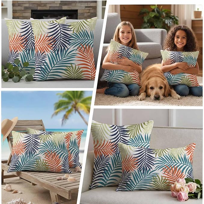 Green Blue Palm Leaves Outdoor Pillow Covers 20"x12" Set of 2, Summer Botanical Vintage Tropical Leaf Rustic Waterproof Throw Pillow Covers for Patio Furniture, Decorative Cushion Covers for Porch